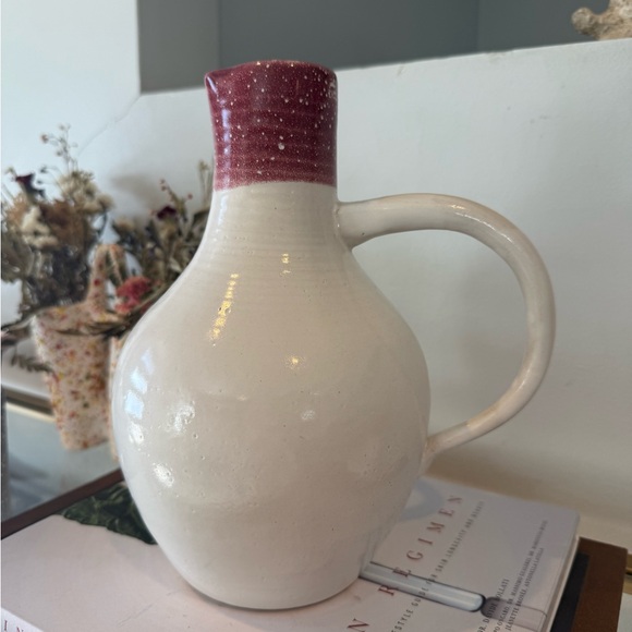 Artisan White and Maroon Ceramic Jug Pitcher - Picture 1 of 7